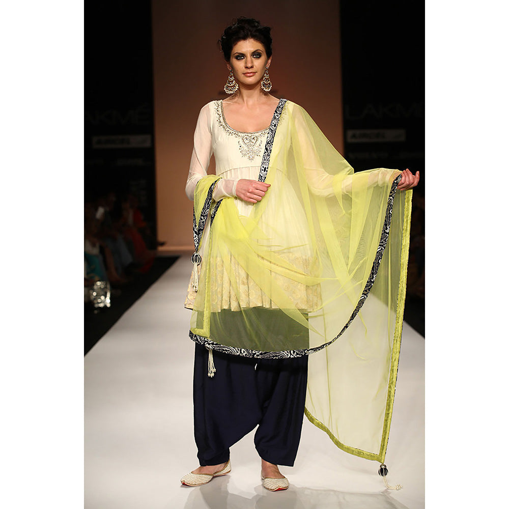 Payal Singhal Sanam Cream Silkmul Anarkali with Navy Salwar & Lime Tule Dupatta (Set of 3)