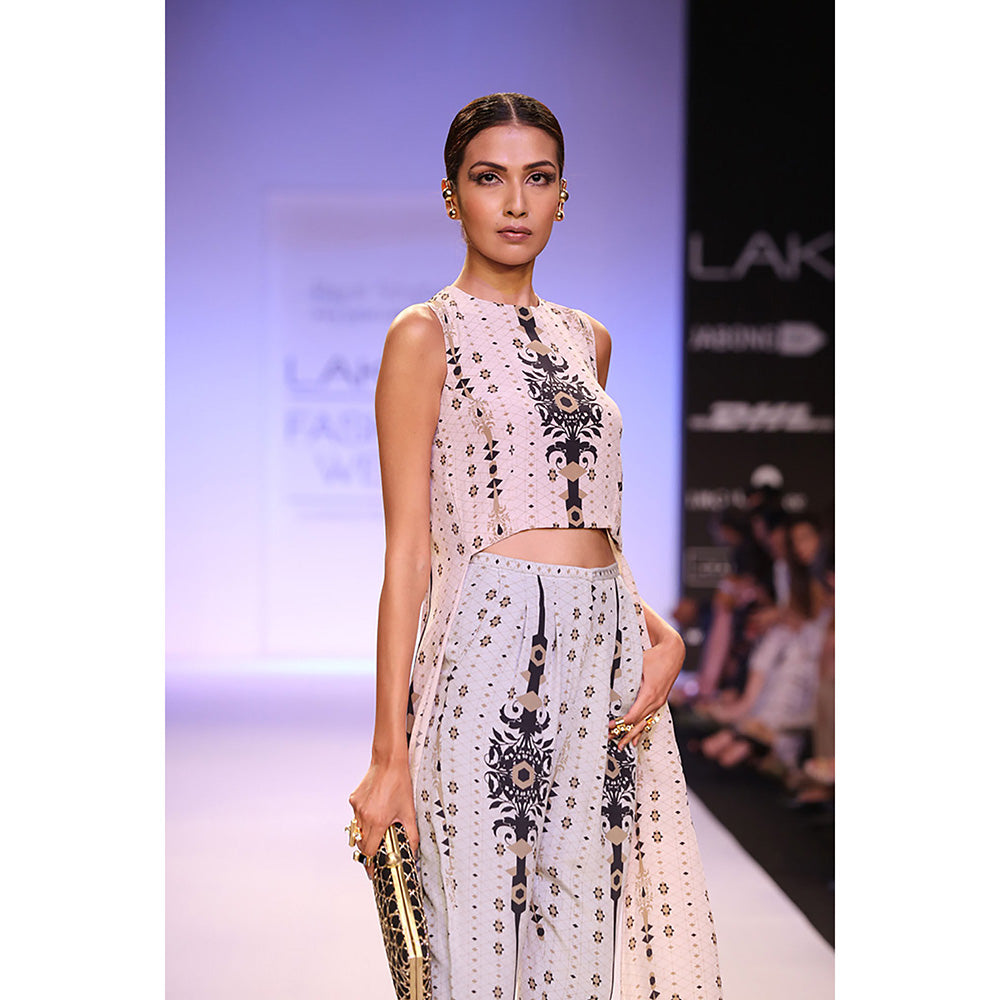 Payal Singhal Nadine Stone Printed Crepe Crop Tunic with Blue Printed Roll Up Pant (Set of 2)