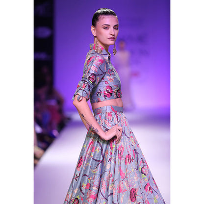 Payal Singhal Bahara Blue Printed Dupion Silk Cropped Shirt & Skirt (Set of 2)