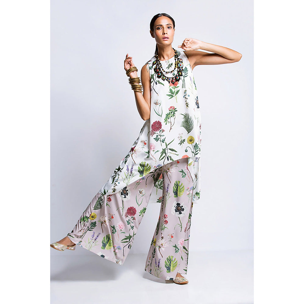 Payal Singhal Ivory Printed Crepe Tunic with Purple Printed Semi Crepe Pant (Set of 2)