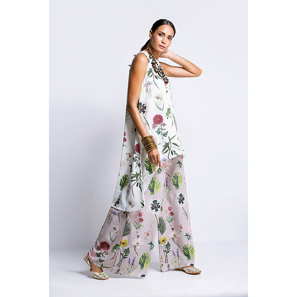 Payal Singhal Ivory Printed Crepe Tunic with Purple Printed Semi Crepe Pant (Set of 2)