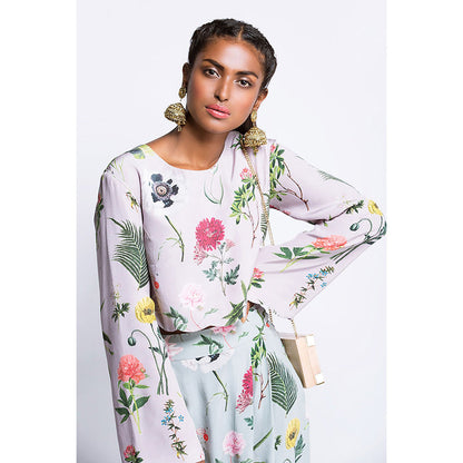 Payal Singhal Lilac Printed Crepe Crop Top & Aqua Printed Crepe Low Crotch Pant (Set of 2)