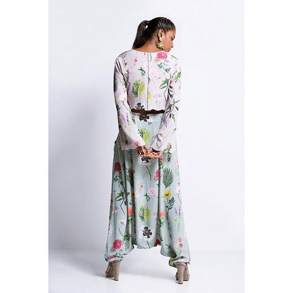 Payal Singhal Lilac Printed Crepe Crop Top & Aqua Printed Crepe Low Crotch Pant (Set of 2)