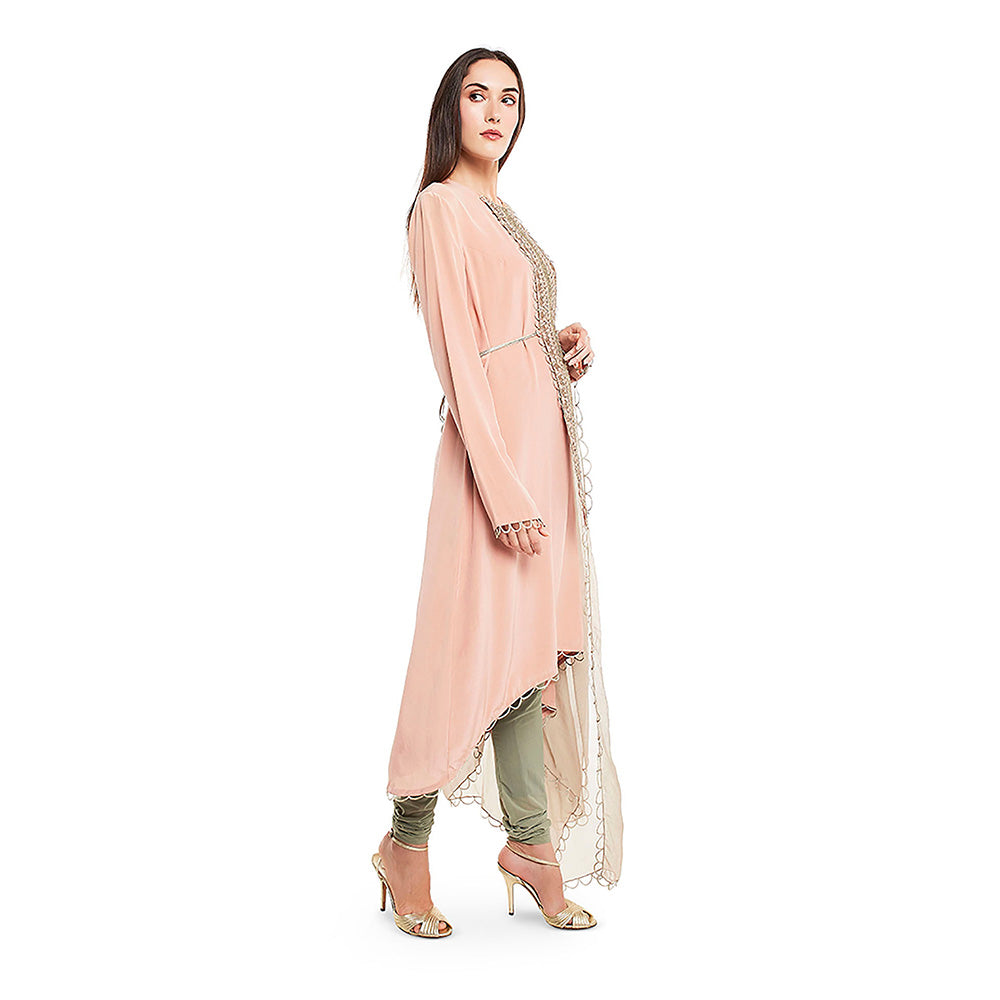 Payal Singhal Pink Crepe High Low Kurta with Net Churidar & Chiffon Dupatta (Set of 3)