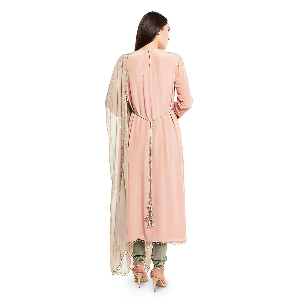 Payal Singhal Pink Crepe High Low Kurta with Net Churidar & Chiffon Dupatta (Set of 3)