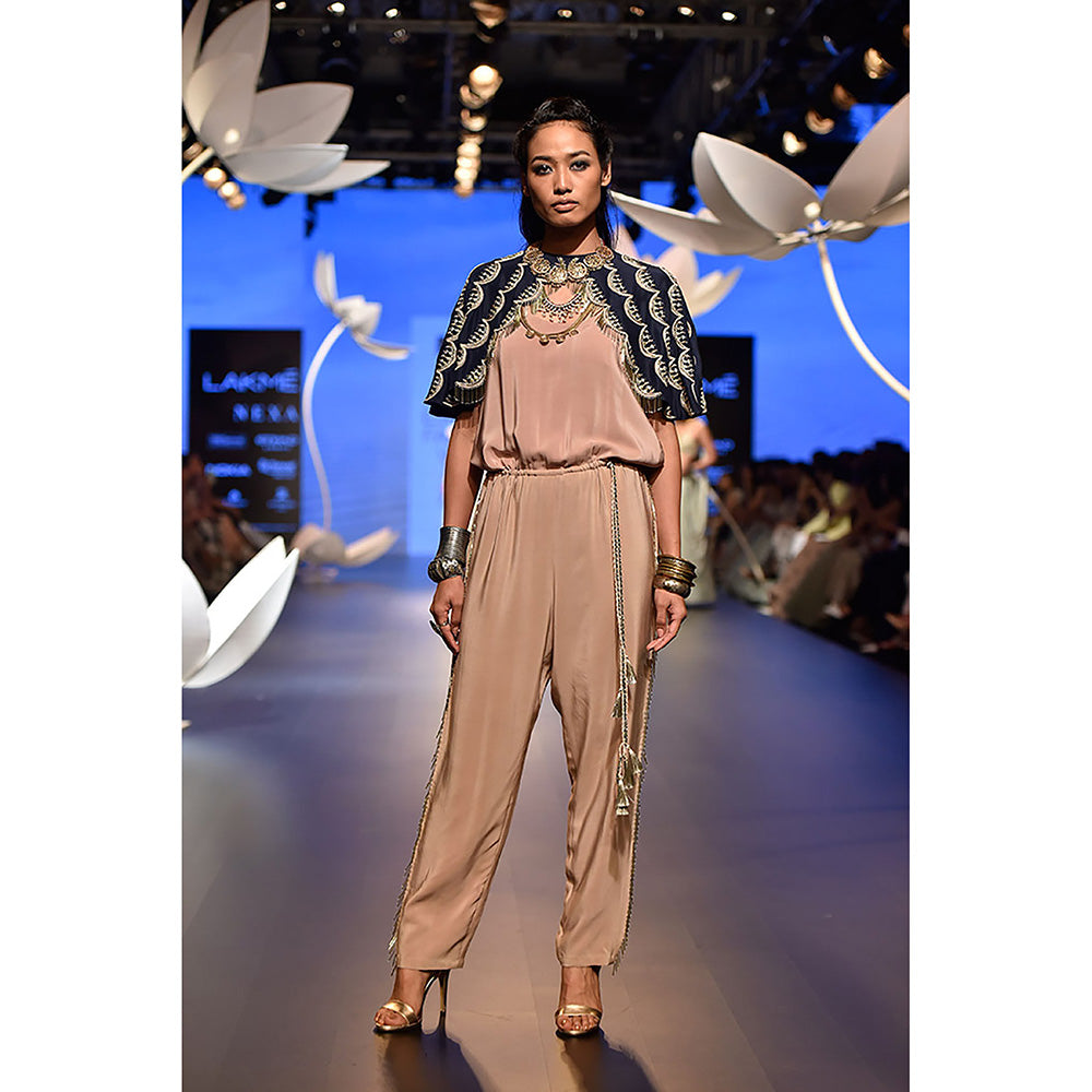 Payal Singhal Arka Navy Silk Cape with Rose Pink Crepe Jumpsuit (Set of 2)