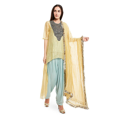 Payal Singhal Yellow Chanderi High Low Kurta with Dupatta, Camisole with Salwar (Set of 4)