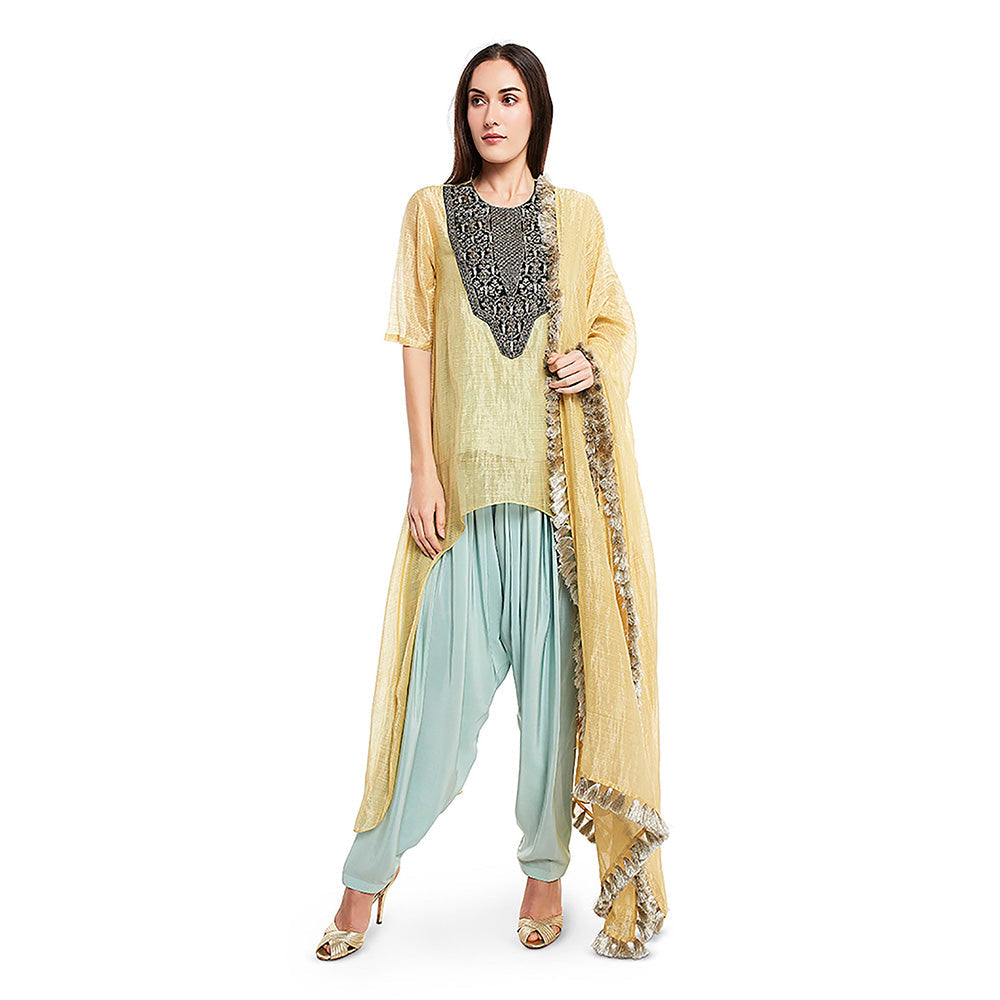 Payal Singhal Yellow Chanderi High Low Kurta with Dupatta, Camisole with Salwar (Set of 4)