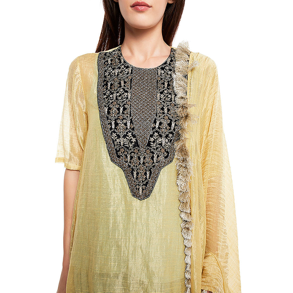 Payal Singhal Yellow Chanderi High Low Kurta with Dupatta, Camisole with Salwar (Set of 4)