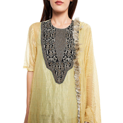 Payal Singhal Yellow Chanderi High Low Kurta with Dupatta, Camisole with Salwar (Set of 4)