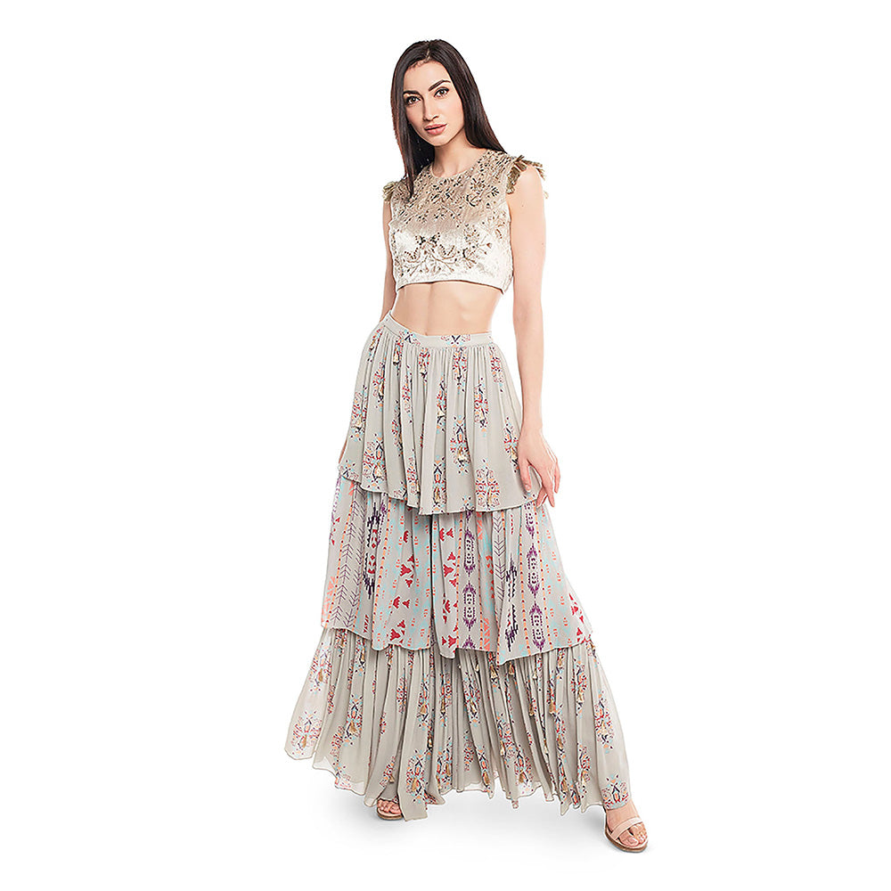 Payal Singhal Grey Velvet Choli with Grey Printed Georgette Layered Sharara (Set of 2)