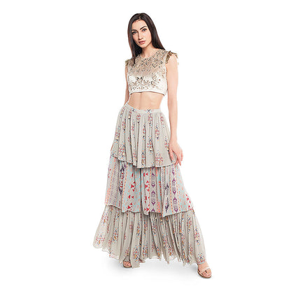Payal Singhal Grey Velvet Choli with Grey Printed Georgette Layered Sharara (Set of 2)