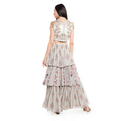 Payal Singhal Grey Velvet Choli with Grey Printed Georgette Layered Sharara (Set of 2)