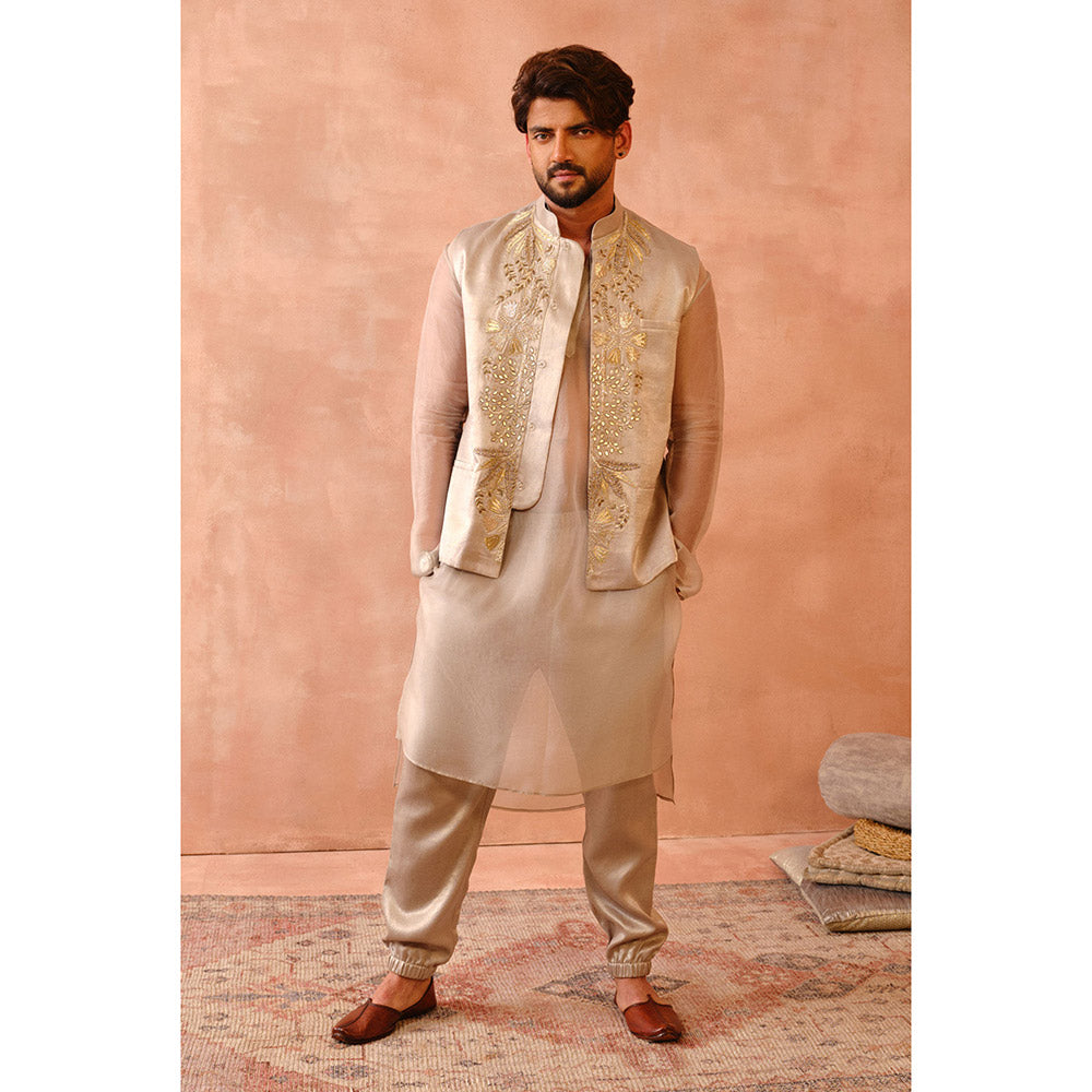 PS Men by Payal Singhal Beige Bagh Embroidered Bandi with Kurta & Jogger Pant (Set of 3)