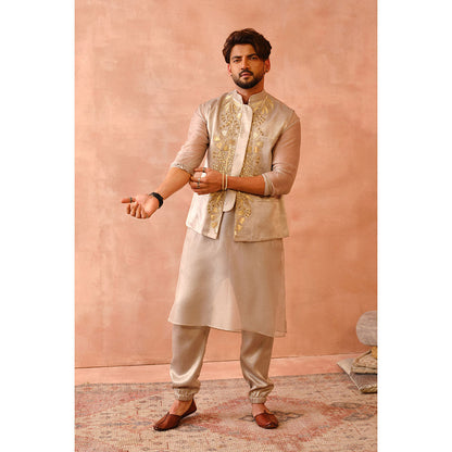 PS Men by Payal Singhal Beige Bagh Embroidered Bandi with Kurta & Jogger Pant (Set of 3)