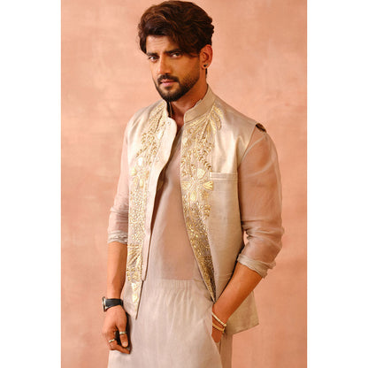 PS Men by Payal Singhal Beige Bagh Embroidered Bandi with Kurta & Jogger Pant (Set of 3)