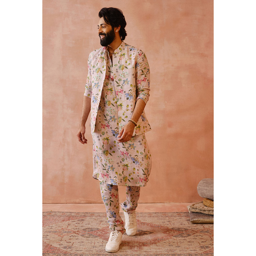 PS Men by Payal Singhal Rose Pink Nargis Print Bandi with Kurta & Churidar (Set of 3)