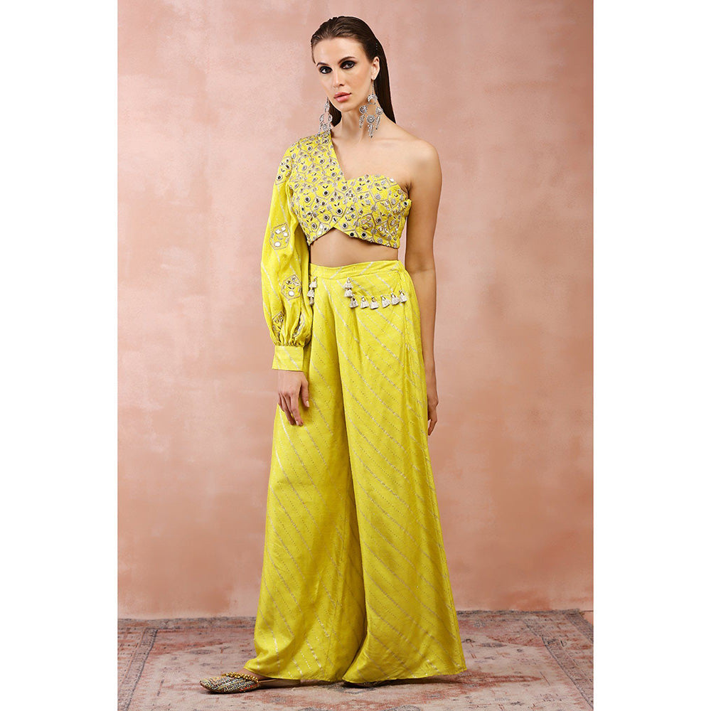 Payal Singhal Yellow Mirror Work One Shoulder Top and Palazzo (Set of 2)
