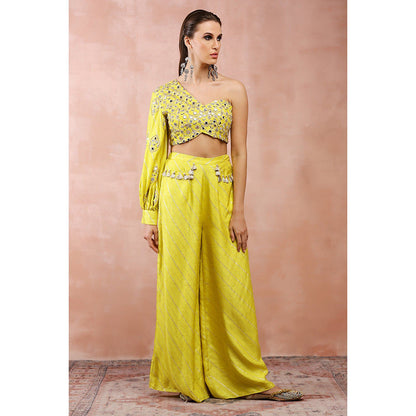 Payal Singhal Yellow Mirror Work One Shoulder Top and Palazzo (Set of 2)