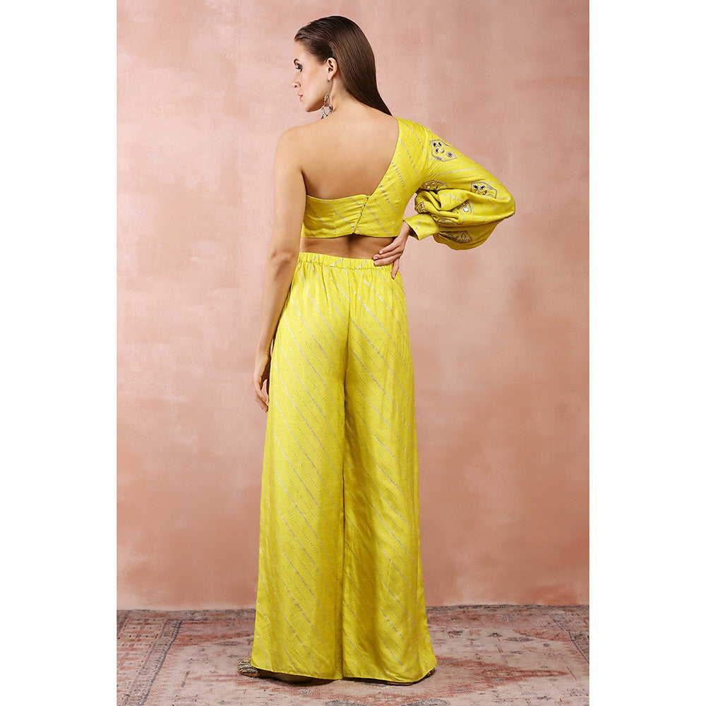 Payal Singhal Yellow Mirror Work One Shoulder Top and Palazzo (Set of 2)