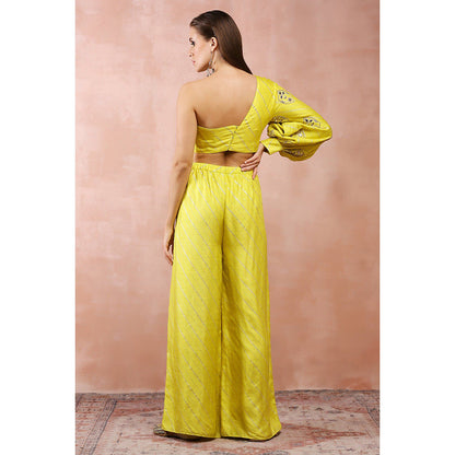 Payal Singhal Yellow Mirror Work One Shoulder Top and Palazzo (Set of 2)