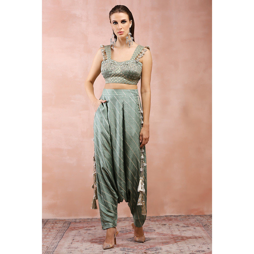 Payal Singhal Green Embroidered Corset Top with Lowcrotch Pants (Set of 2)