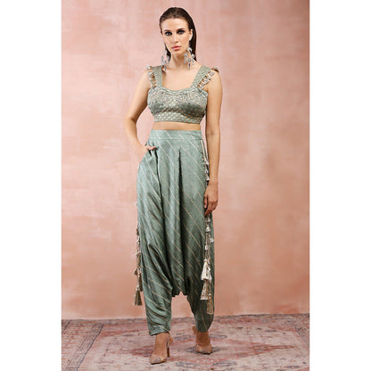 Payal Singhal Green Embroidered Corset Top with Lowcrotch Pants (Set of 2)