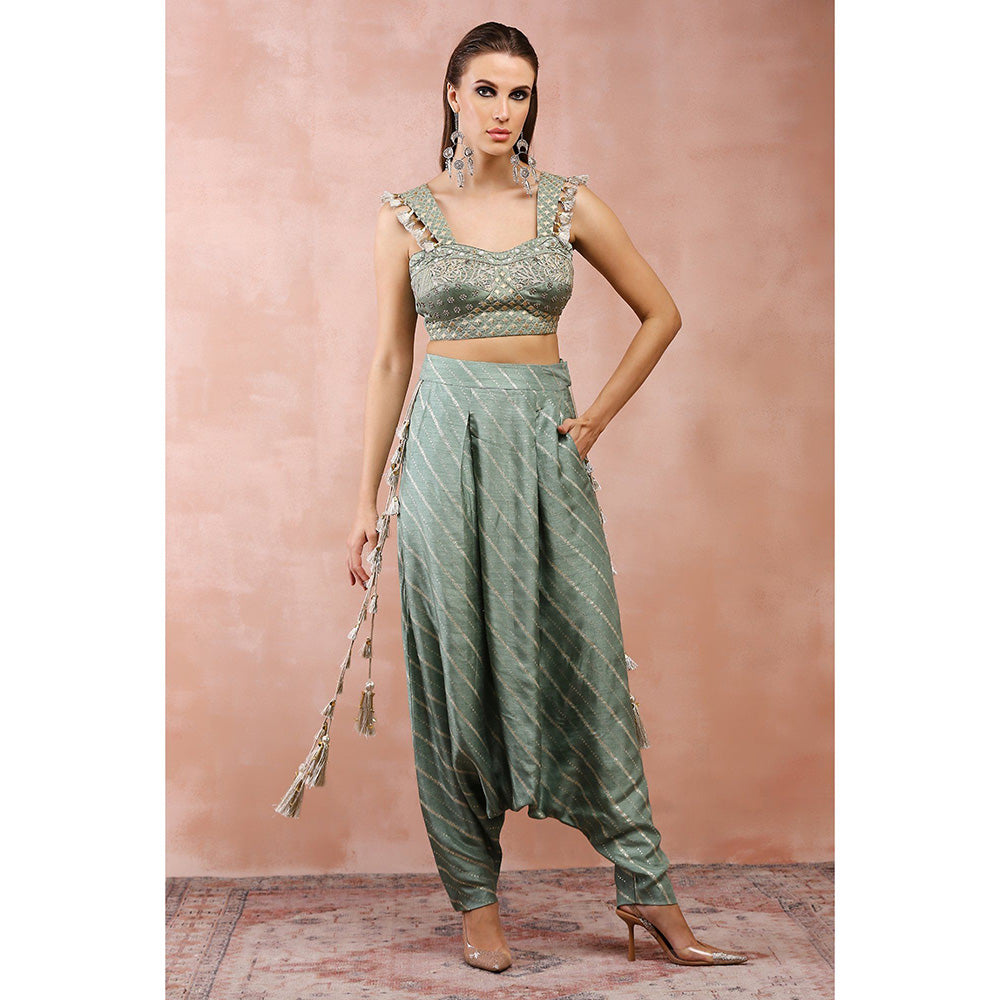 Payal Singhal Green Embroidered Corset Top with Lowcrotch Pants (Set of 2)