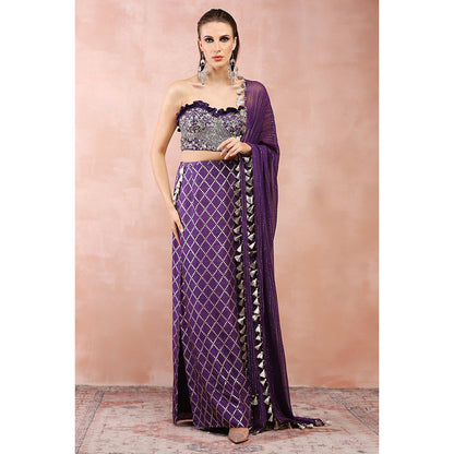 Payal Singhal Purple Embroidered Corset Bustier with Skirt and Dupatta (Set of 3)