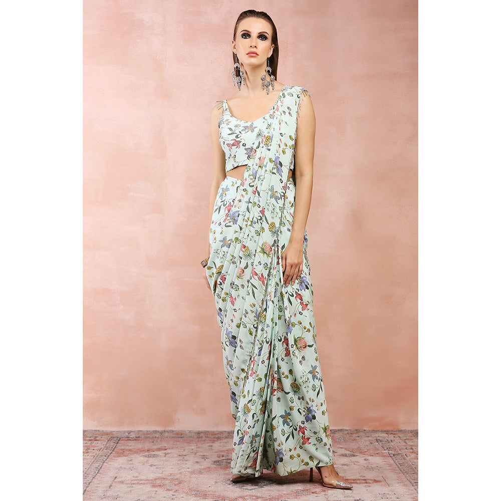 Payal Singhal Mint Nargis Print Pre-Stitched Saree with Stitched Embellished Choli
