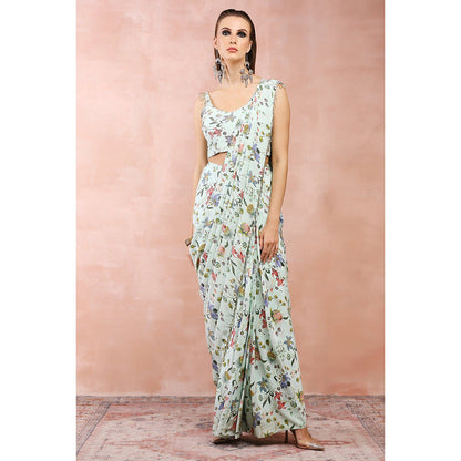 Payal Singhal Mint Nargis Print Pre-Stitched Saree with Stitched Embellished Choli