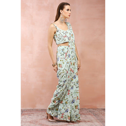 Payal Singhal Mint Nargis Print Pre-Stitched Saree with Stitched Embellished Choli
