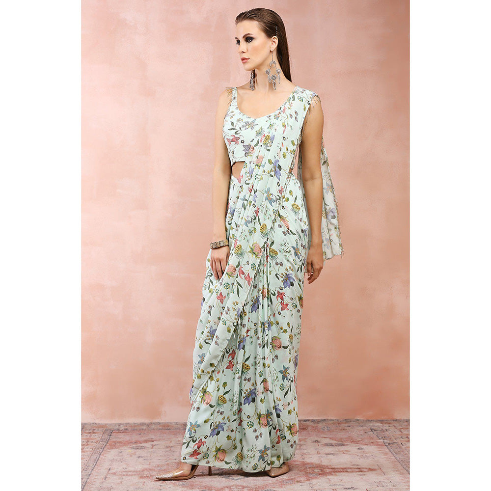 Payal Singhal Mint Nargis Print Pre-Stitched Saree with Stitched Embellished Choli