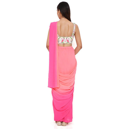 Payal Singhal Georgette Embroidered Coral Pre-Stitched Blouse Saree with Stitched Blouse