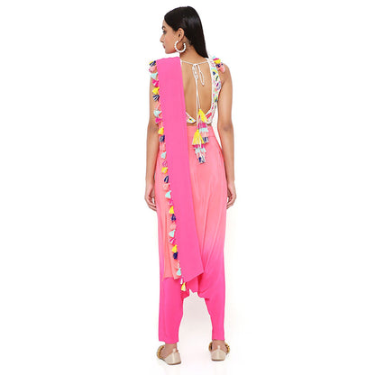Payal Singhal Georgette Embroidered Blouse with Coral Pant with Attached Drape (Set of 2)