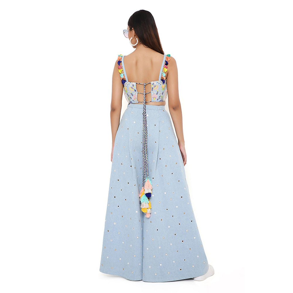 Payal Singhal Blue Denim Embroidered Bustier and Flared Pant (Set of 2)