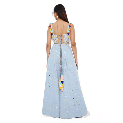 Payal Singhal Blue Denim Embroidered Bustier and Flared Pant (Set of 2)
