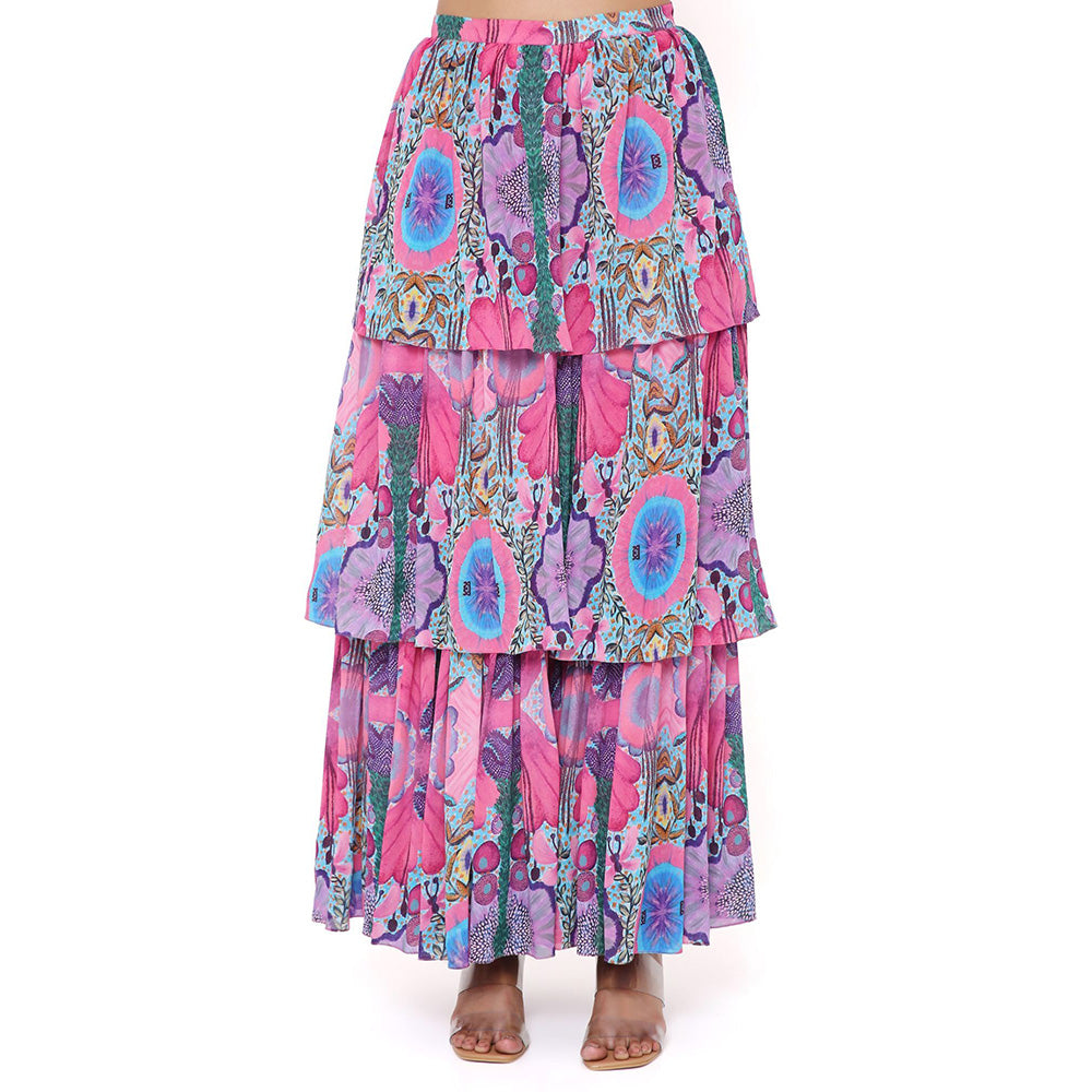 Payal Singhal Pink Print Cape with Bustier and Skirt (Set of 3)