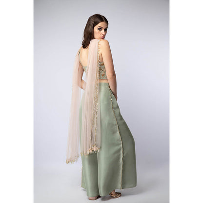 Payal Singhal Green Tie-Up Blouse with Palazzo and Dupatta (Set of 3)