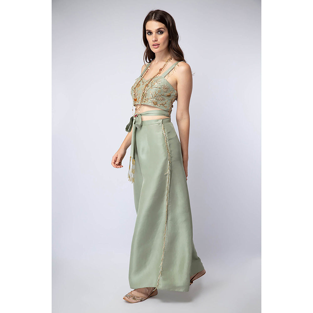 Payal Singhal Green Tie-Up Blouse with Palazzo and Dupatta (Set of 3)