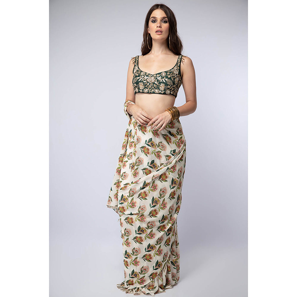 Payal Singhal Emerald Green Printed Saree with Petticoat and Stitched Blouse