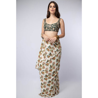 Payal Singhal Emerald Green Printed Saree with Petticoat and Stitched Blouse