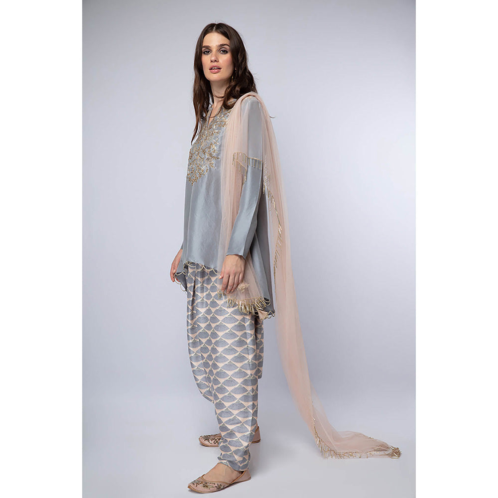 Payal Singhal Blue High Low Kurta with Dhoti and Dupatta (Set of 3)