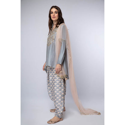 Payal Singhal Blue High Low Kurta with Dhoti and Dupatta (Set of 3)