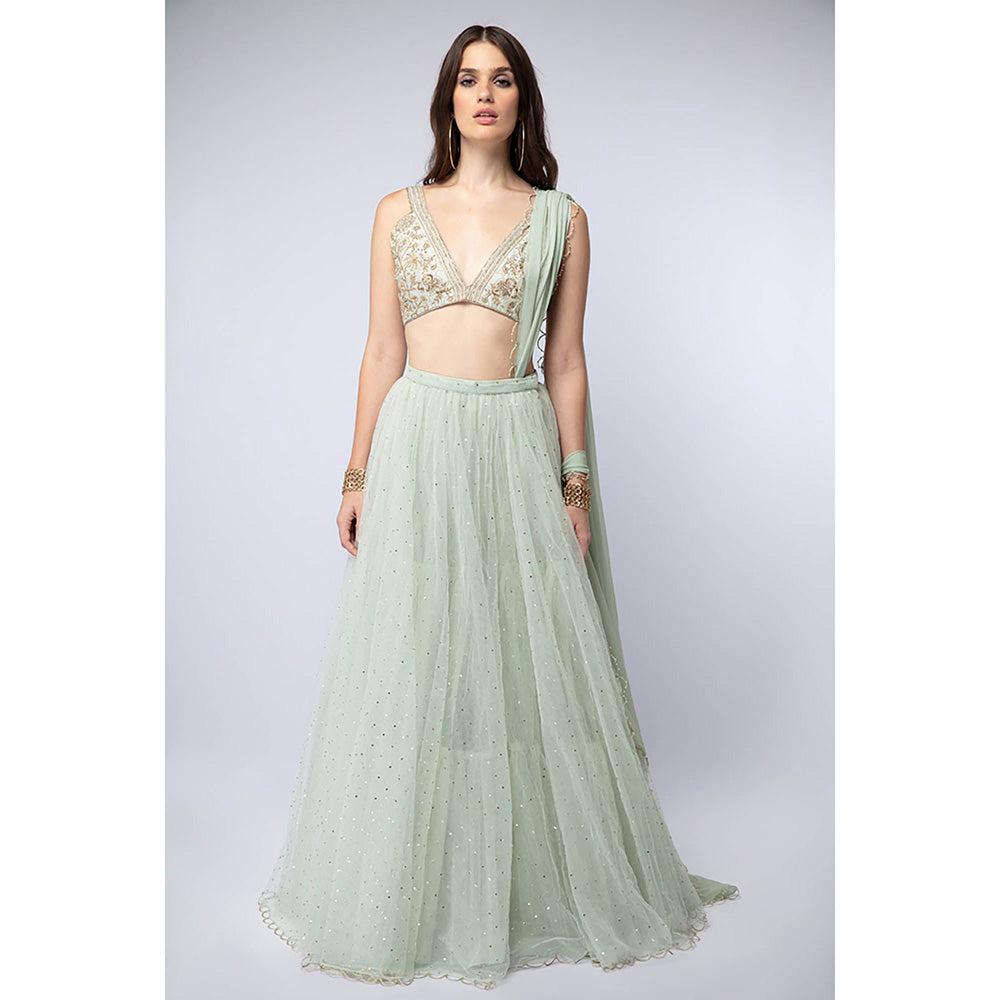 Payal Singhal Green Mint Blouse with Mukaish Lehenga and Dupatta (Set of 3)