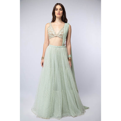 Payal Singhal Green Mint Blouse with Mukaish Lehenga and Dupatta (Set of 3)