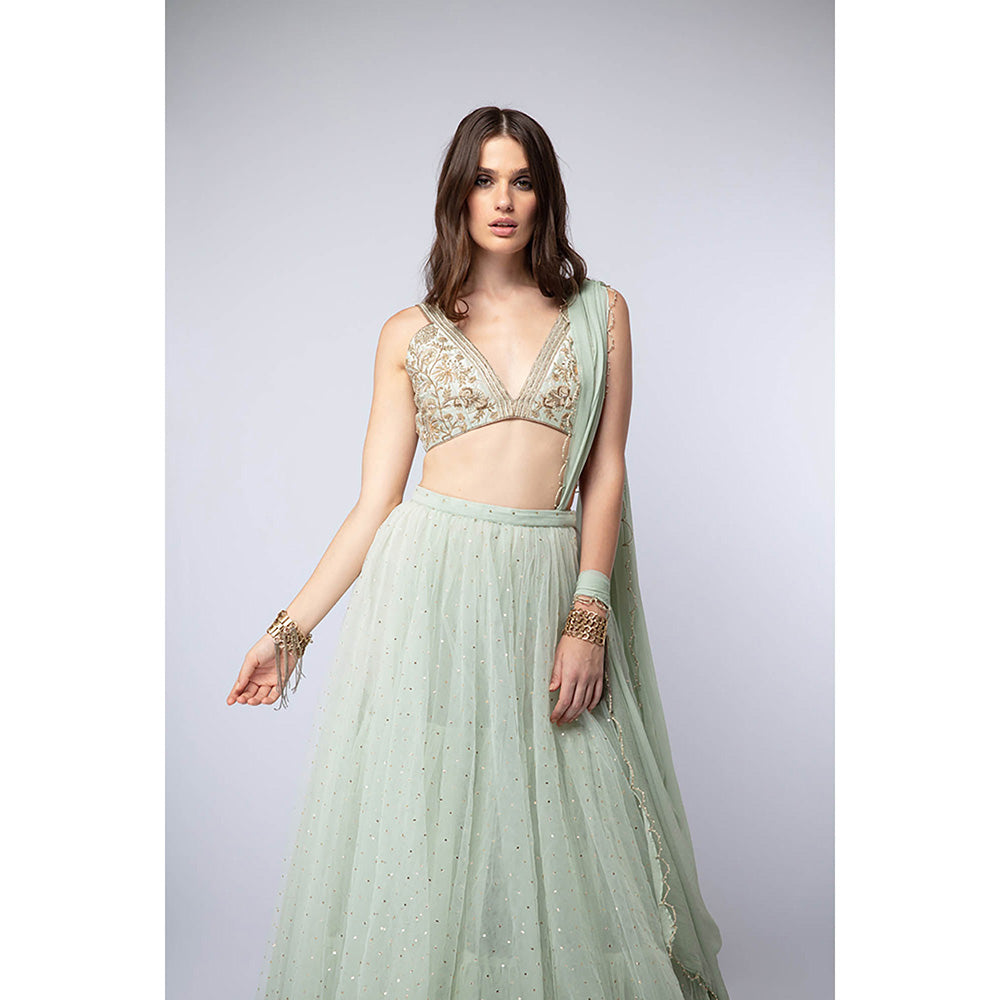 Payal Singhal Green Mint Blouse with Mukaish Lehenga and Dupatta (Set of 3)