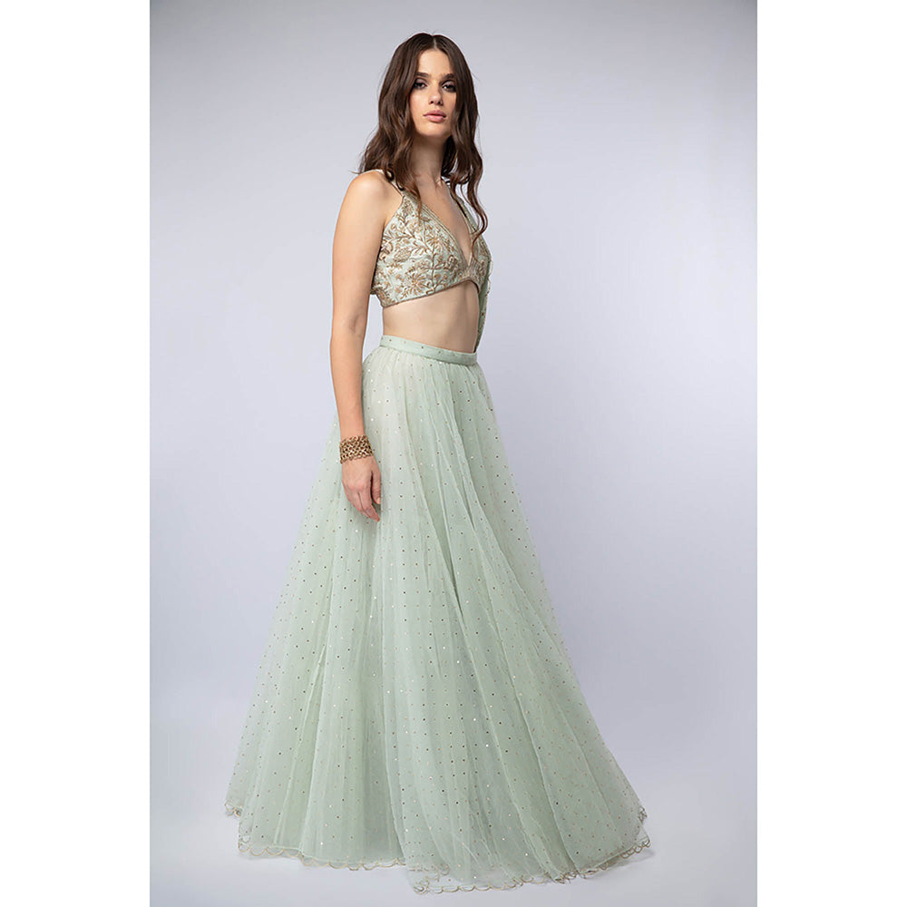 Payal Singhal Green Mint Blouse with Mukaish Lehenga and Dupatta (Set of 3)