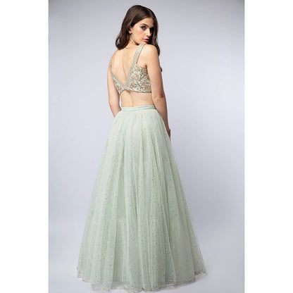 Payal Singhal Green Mint Blouse with Mukaish Lehenga and Dupatta (Set of 3)