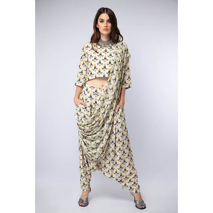 Payal Singhal White Printed Crop Top with Dhoti and Attached Drape (Set of 2)